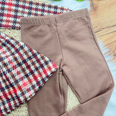 Conj. Batinha Manga Longa Xadrez e Calça Legging - Areia e Marrom